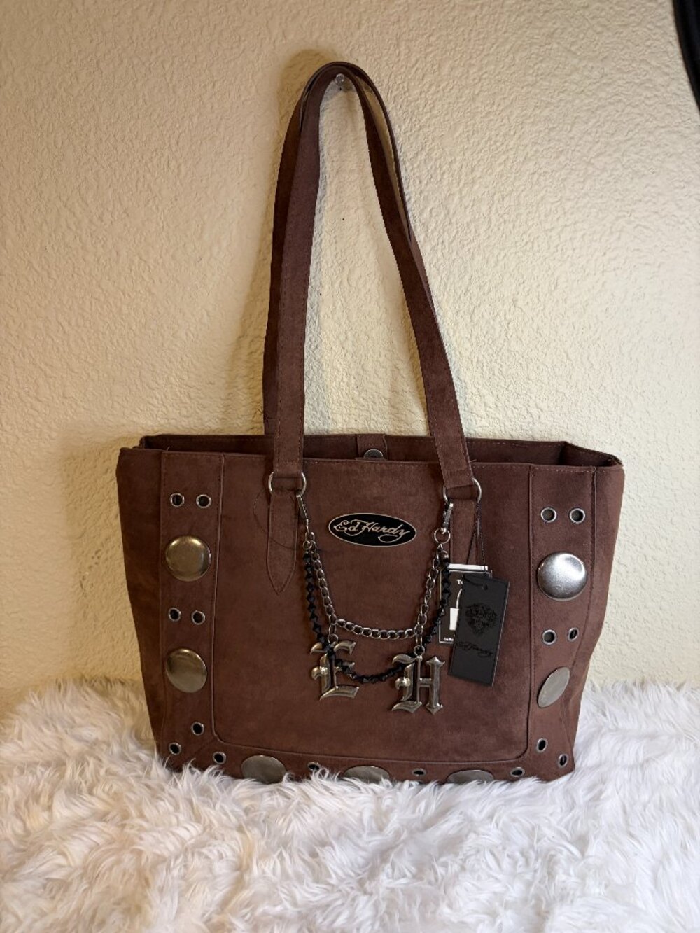 Ed Hardy Brown Faux Leather Studded EH Charm Tote Shoulder Bag NWT